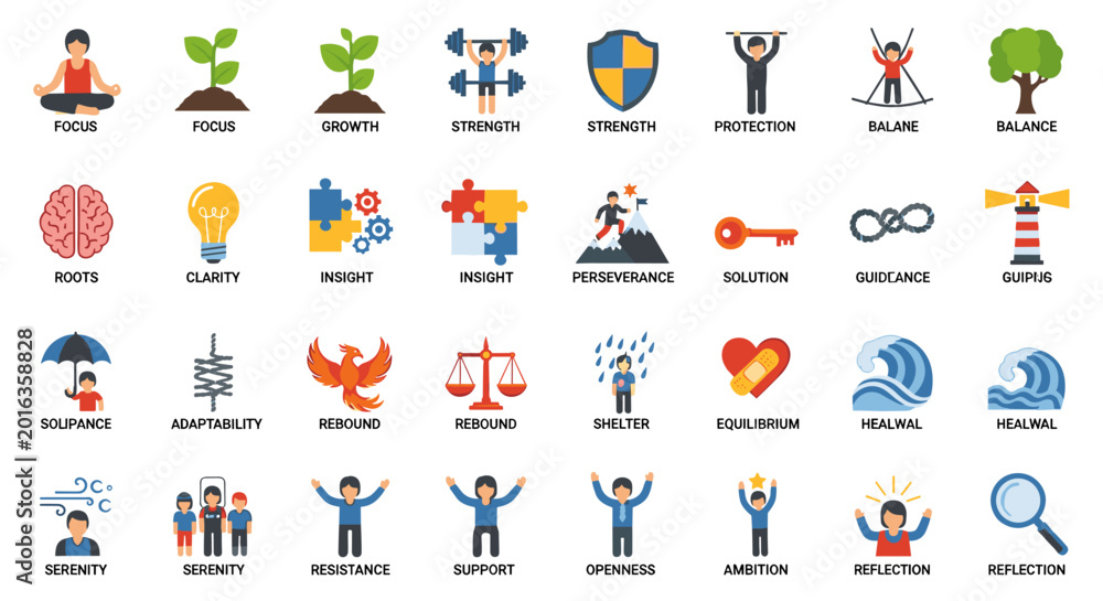 Fototapeta premium Collection of colorful vector illustrations depicting various concepts of life, including focus, growth, strength, protection, balance, insight, perseverance, solution, guidance,