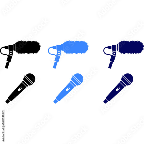 Photos Collection of six microphone icons in black, blue, and dark blue colors, for music, podcasting, and broadcasting themes