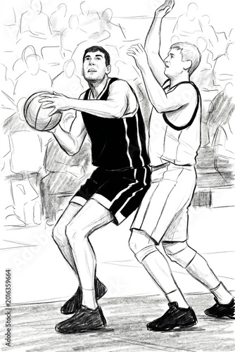 Hand drawn charcoal sketch of basketball players in offense defense action. Black and white pencil drawing. Competitive sports intensity and athletic grit concept.
