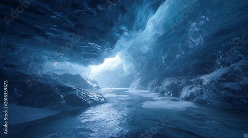 A view of an ice cave with water flowing through it and light streaming in from the entrance of the cave