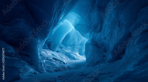 A view of an ice cave with blue walls and a bright opening at the end of the tunnel like structure