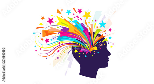 Vibrant explosion of colorful energy bursting from a human head silhouette, showcasing a creative idea, innovation, and the power of imagination, with dynamic lines and star