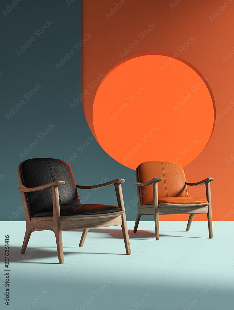 Obraz premium A striking minimalist product photograph featuring two modern chairs with black leather seats and wood armrests. They sit before a bold orange circle against a plain background.