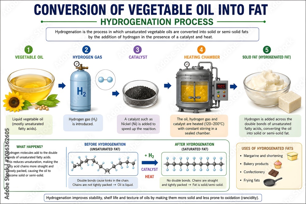 Fototapeta premium Educational Diagram Showing Hydrogenation of Vegetable Oil into Fat