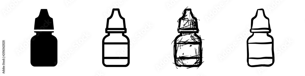 Obraz premium Set of Eye Drop Bottle Icons in Four Different Graphic Styles: Solid, Outline, Sketch, and Hand-Drawn. Medical Dropper Bottle Vector Illustration for Healthcare and Ophthalmology Designs.