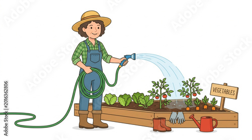 Woman watering a raised garden bed with a hose.