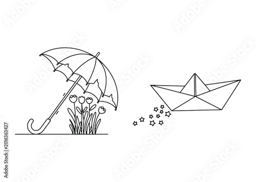 Line art drawing of an umbrella with flowers and a paper boat with stars rainy day wishful thinking hand drawn