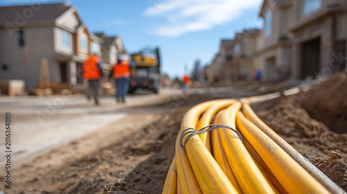 New residential construction site with yellow utility pipes and blurred workers; focus on modern suburban housing development and infrastructure