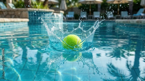 Tennis ball splashing into blue swimming pool water with droplets
