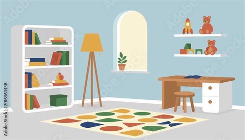 Photos Colorful children's playroom with bookshelf, desk, toys, and floor puzzle