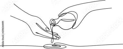 Continuous one line drawing. Hands pouring oil for a spa treatment.one line Art icon drawing vector