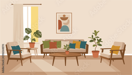 Photos Cozy living room with modern sofa and armchairs around a small table with potted