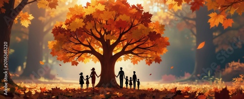 Family silhouettes stand under large autumn tree with orange leaves. Parents and kids hold hands on ground covered in fallen foliage. Generations connect with nature beauty during fall.