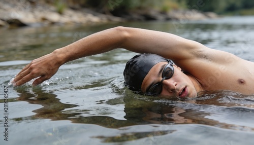 Man swimming freestyle in open water. Male athlete training in a river wearing a swim cap and goggles. Outdoor fitness and endurance sport concept