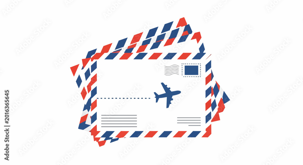 Fototapeta premium Stack of International Airmail Envelopes with Airplane Icon and Striped Borders Isolated on White Background - Vector Illustration for Global Communication and Logistics