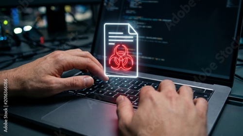 Cybersecurity professional confronts critical data breach, malware, or virus threat on a laptop, displaying a glowing red biohazard symbol and coding on screen