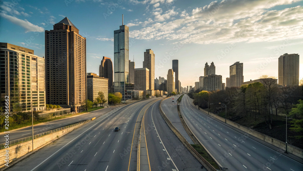 Obraz premium Wide angle photograph of a vast metropolitan skyline viewed from an empty multi lane highway
