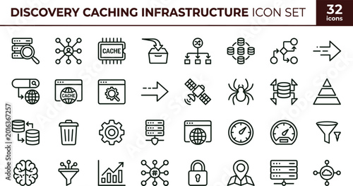 Discovery caching infrastructure icon set for distributed database systems cloud platforms and software performance optimization workflows