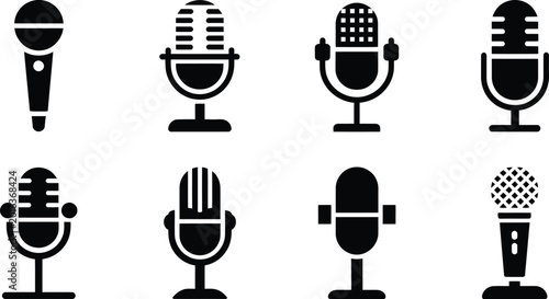 Εκτύπωση καμβά Retro black white mic icon set for live audio podcast