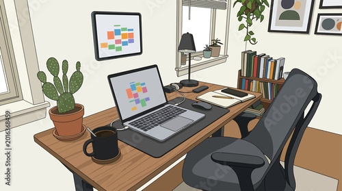 Cozy home office setup with a laptop, cactus, and window view, perfect for remote work and study