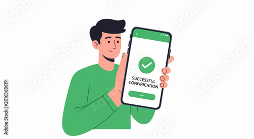 Happy Young Man Holding Smartphone with Successful Confirmation Message and Green Checkmark on Screen Flat Vector Illustration