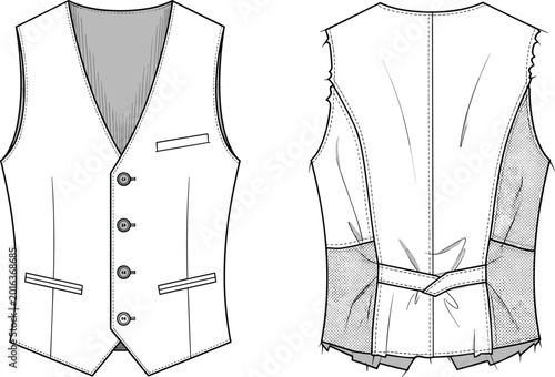 Schilderij op canvas Formal waistcoat vest front and back view fashion apparel template vector illust