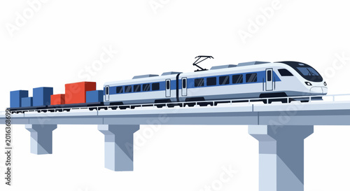 Modern High-Speed Freight Train with Shipping Containers on Elevated Bridge Viaduct, Logistics and Global Trade Concept Illustration