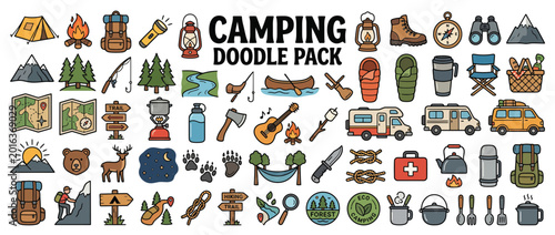 Camping doodle pack with various icons.