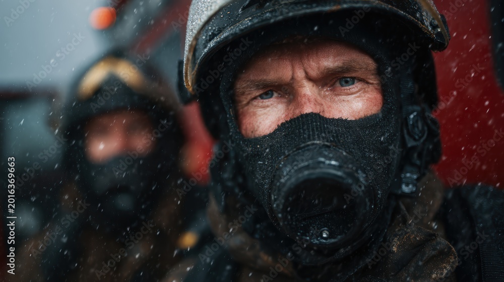 Fototapeta premium A determined firefighter is seen wearing a protective mask, focused on the task at hand while rain cascades around him, capturing the essence of bravery and commitment.