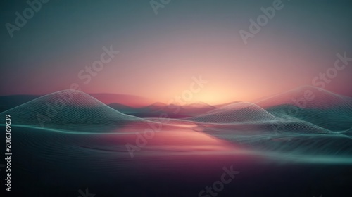 Abstract Landscape Digital Mesh Hills and Sunset Glow