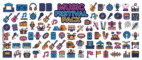 Colorful music festival sticker icons set.