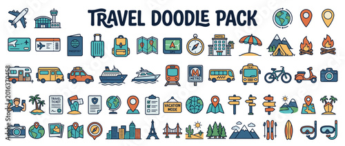 Travel doodle pack icons set.