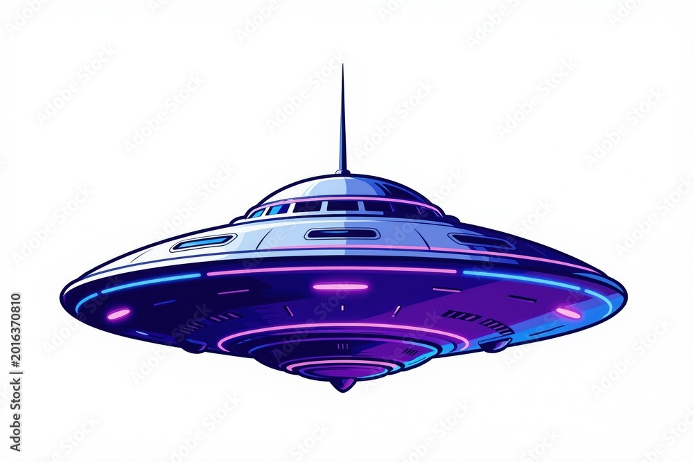 Fototapeta premium Retro style flying saucer with glowing neon lights. This unidentified object is alien tech from outer space, hovering in the sky. Futuristic transport.