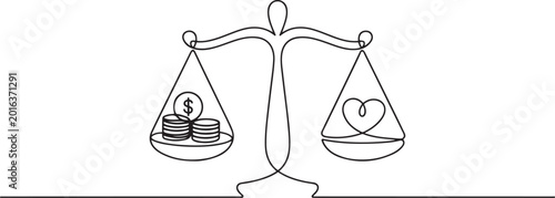 Tableau sur toile Scales of justice with dollar coins and heart