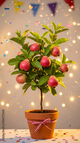 Small apple tree in a terracotta pot decorated with ribbon and festive lights
