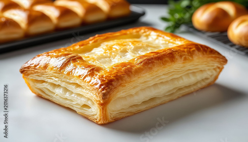 Golden puff pastry bun on white table – flaky homemade roll top view