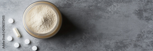 Mockup of jar with creatine powder on a gray surface Generative AI