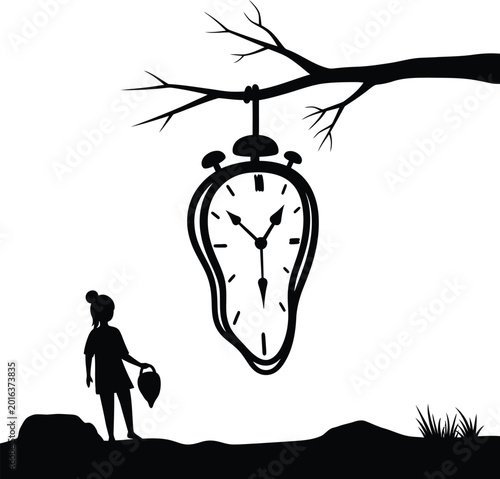 Canvas Print Silhouette of girl holding watering can beneath melting clock on tree branch