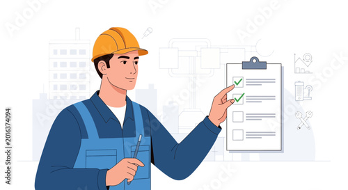 Construction worker checks checklist on clipboard with verified tasks in building background