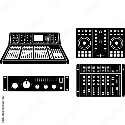 Quadro su tela Collection of professional audio mixing consoles and DJ controllers for music production and live sound engineering in studio and event settings