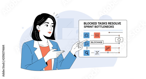 Woman pointing at flowchart of blocked tasks and sprint bottlenecks resolution