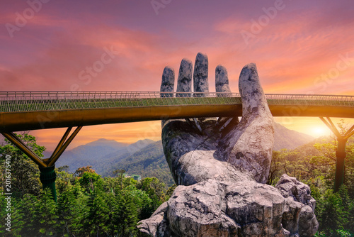 Tableau sur toile Attraction among the tropical jungle in the forests empty bridge hand early dusk