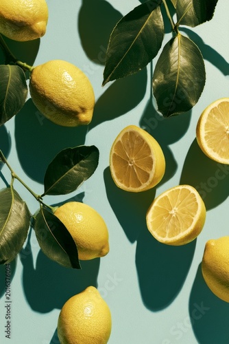 Fresh lemons and sliced citrus with glossy green leaves casting dramatic shadows on green background in modern vibrant food photography style