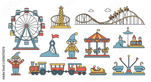 Comprehensive collection of amusement park flat icons including a ferris wheel, roller coaster, carousel, train, and bumper cars.