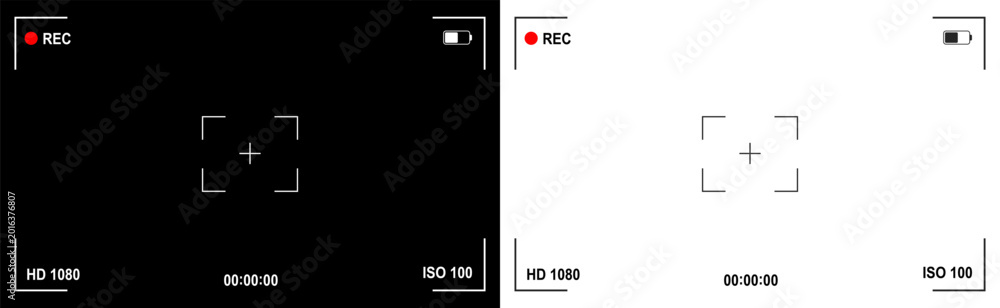 Naklejka premium Photo or video camera viewfinder display screen frame, camera interface overlay shows information indicators, dark and light mode recording - vector