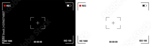 Photo or video camera viewfinder display screen frame, camera interface overlay shows information indicators, dark and light mode recording - vector