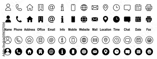 Contact icon set for business card, containing communication information, line and solid circle style