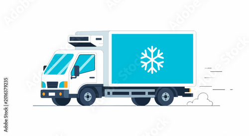 Refrigerated Delivery Truck Illustration, Cold Chain Logistics Transport Vehicle with Snowflake Icon for Frozen Goods Delivery