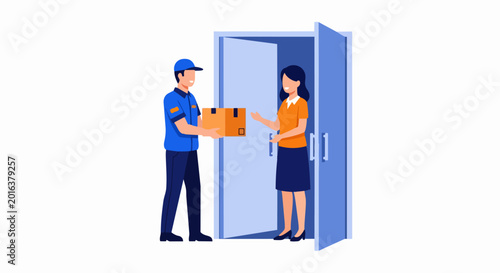 Delivery man handing a cardboard box parcel to a woman at an open door. Home delivery service, e-commerce, and logistics concept flat vector illustration.