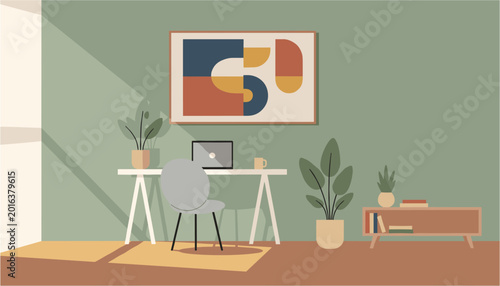 Foto Modern home office workspace with desk, chair, laptop, and indoor plants